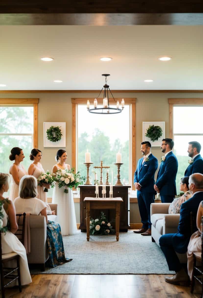 A cozy living room with a small altar set up for a wedding ceremony, surrounded by family and friends, with natural light streaming in through the windows