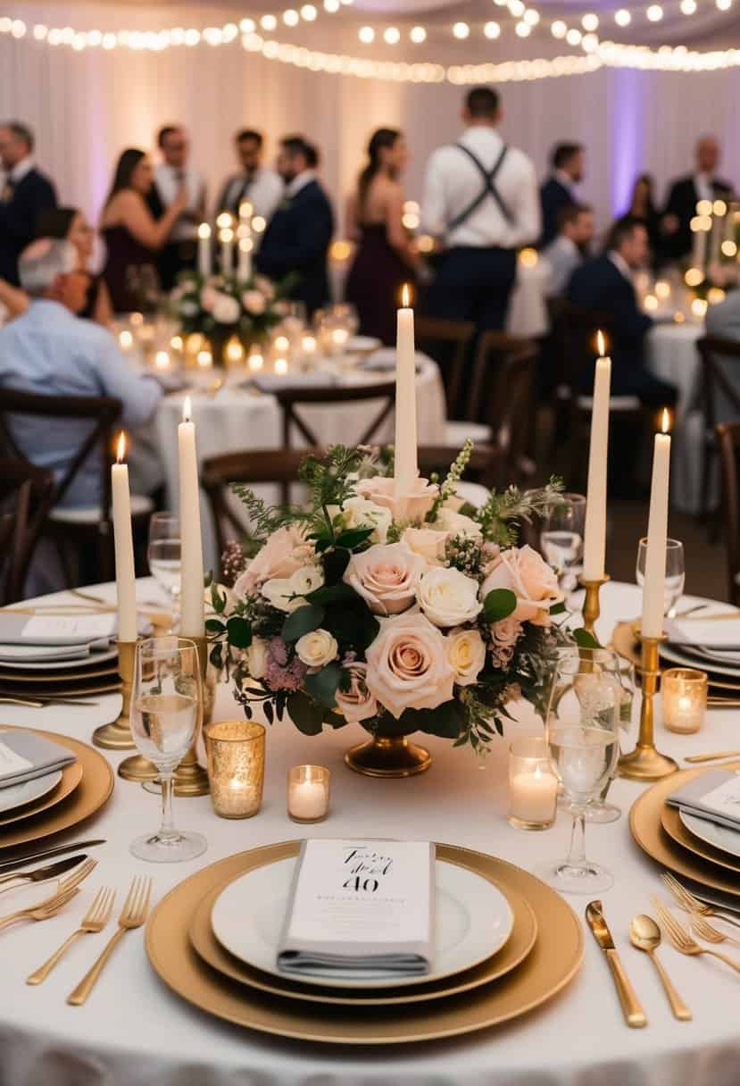 A table set for 40 guests at a wedding reception, adorned with floral centerpieces, elegant tableware, and soft candlelight