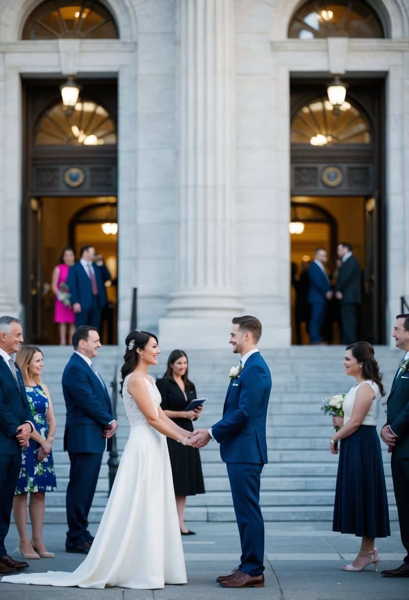 A couple standing in front of a government building, holding hands and exchanging wedding rings. A line of people waiting to enter the building