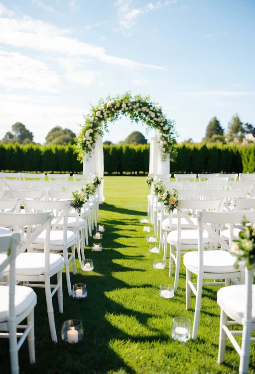 A bright, sunny outdoor setting with a beautiful arch and rows of chairs set up for a wedding ceremony