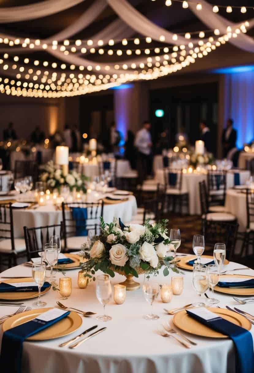 A table set for 40 guests at a wedding reception, with elegant place settings, floral centerpieces, and decorative lighting