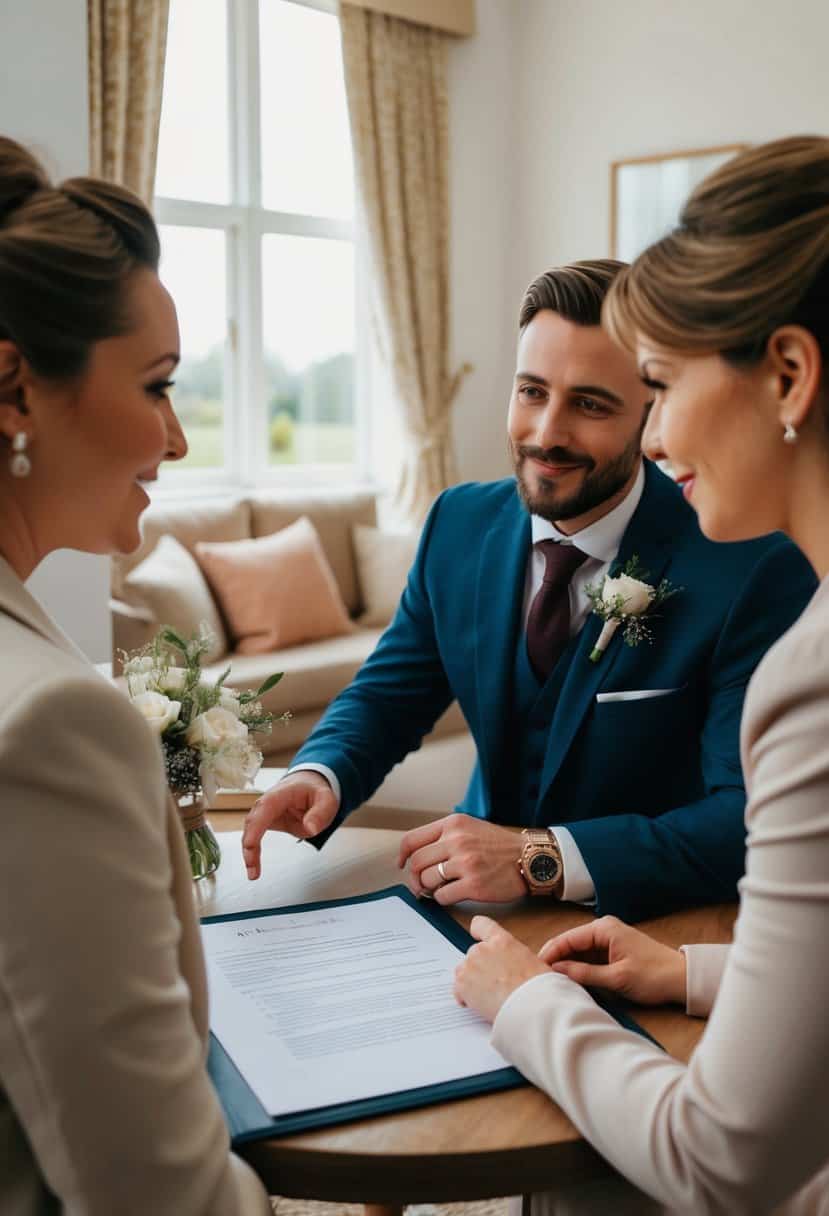 A couple sits at a cozy table with a wedding planner, discussing options for their at-home wedding in the UK. The planner gestures towards a legal document, offering guidance