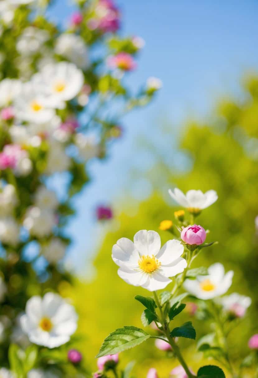 A bright, sunny outdoor setting with blooming flowers and greenery, indicating a daytime wedding