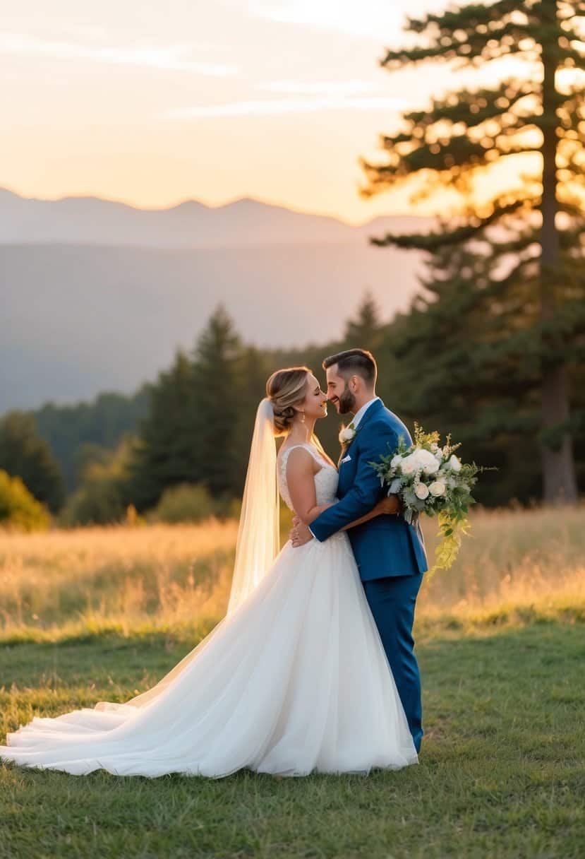 A serene outdoor wedding at sunset, with warm golden light and a backdrop of mountains and trees