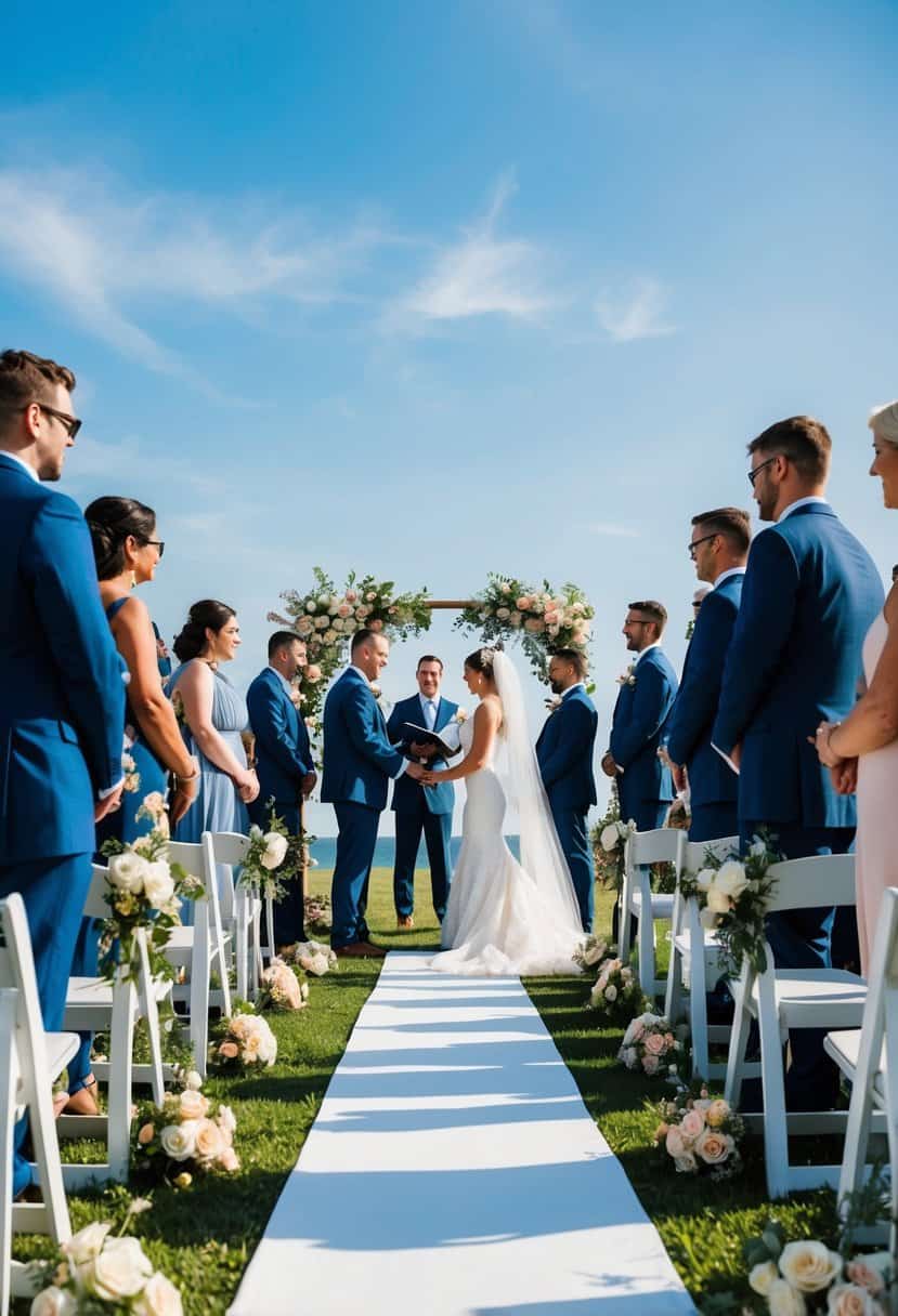 A sunny outdoor wedding ceremony with guests gathered around a floral arch, a white aisle runner, and a clear blue sky overhead