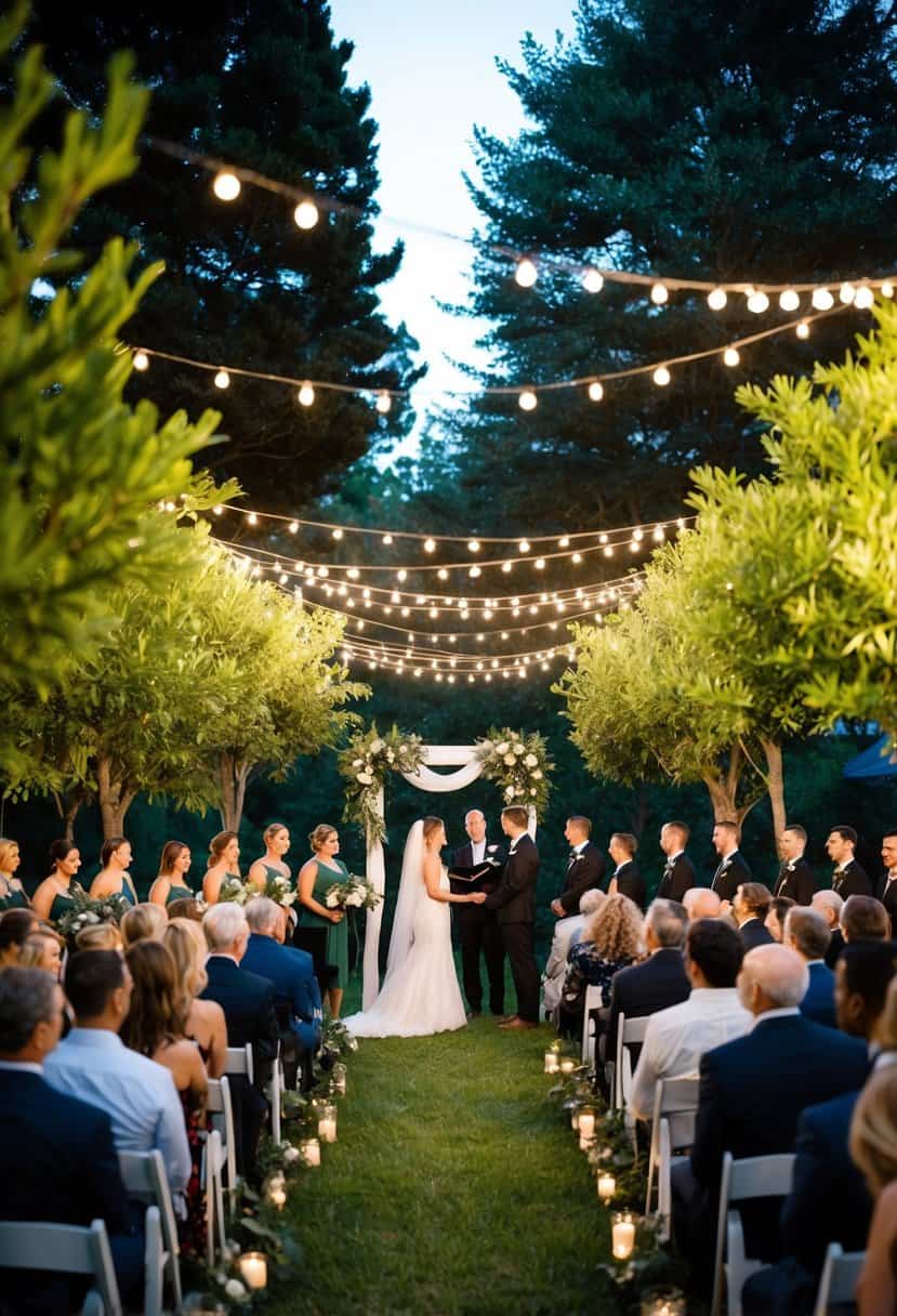 A cozy outdoor ceremony with a small guest list, surrounded by lush greenery and twinkling lights