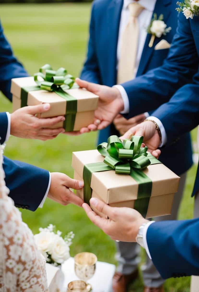 Guests present gifts, hosts welcome them. Wedding scene with guests offering gifts and hosts receiving them with gratitude