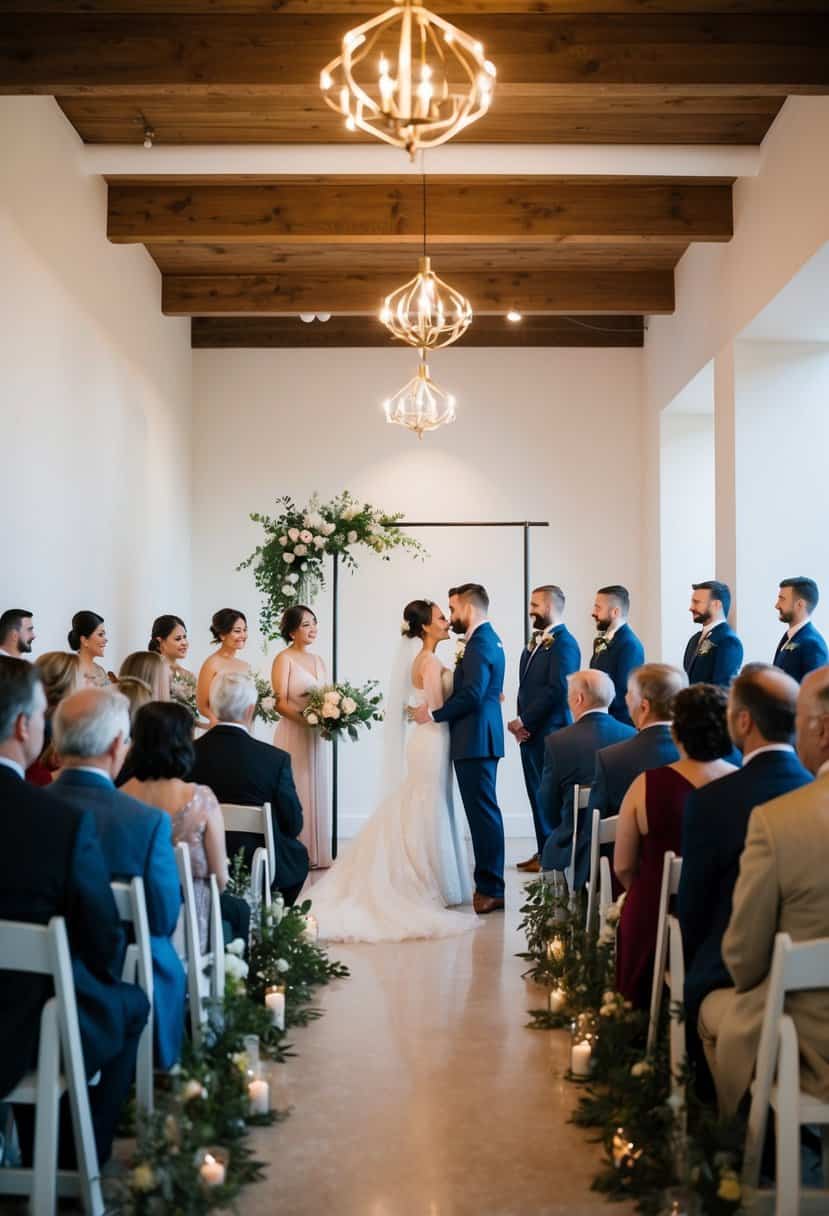 A small, intimate wedding ceremony with minimal decor and a small guest list