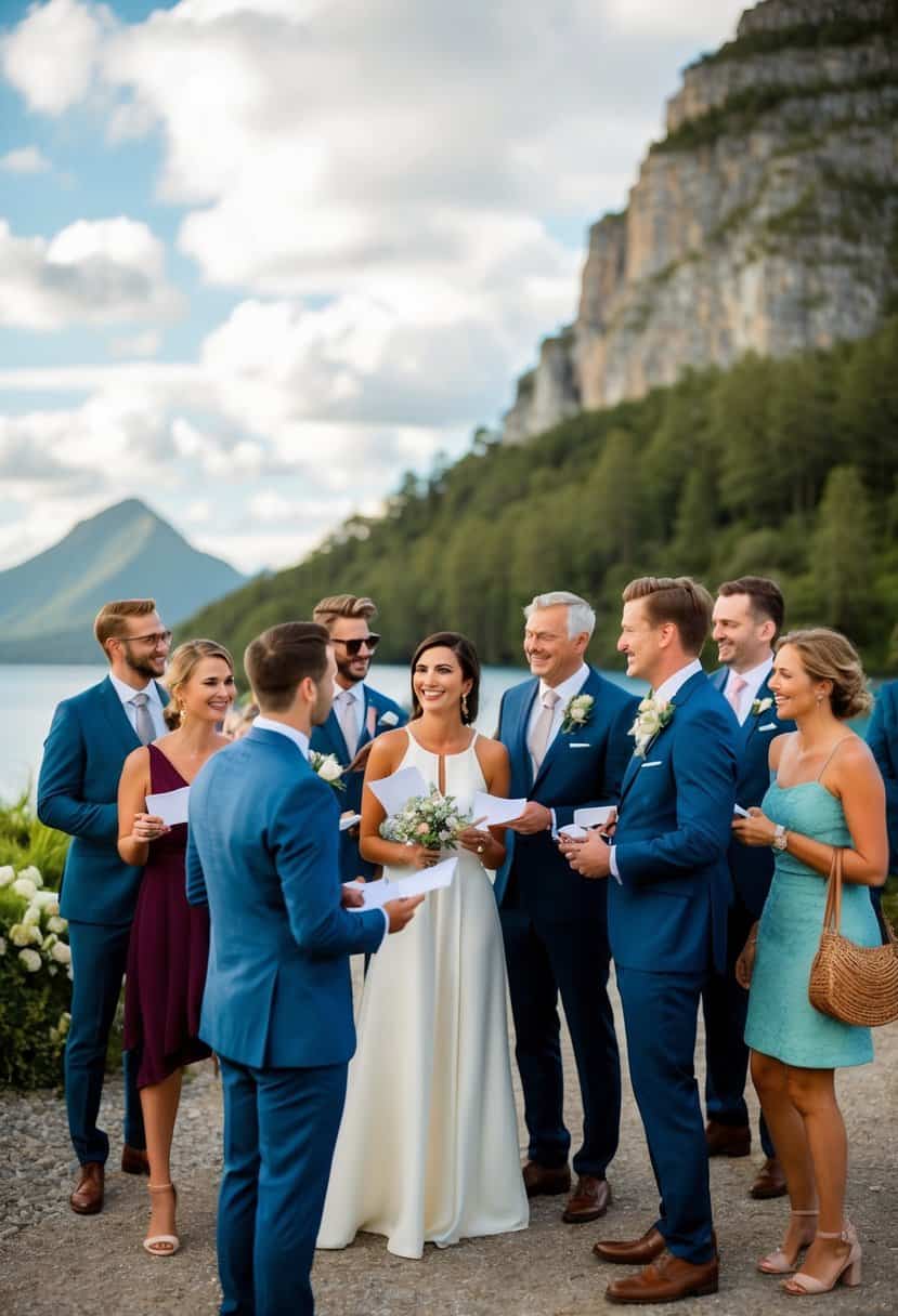 A group of guests at a scenic destination wedding, some holding envelopes or gifts, others chatting and enjoying the beautiful surroundings