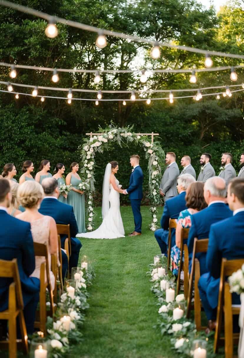 A small outdoor ceremony with a decorated arch and seating for a few guests, surrounded by lush greenery and twinkling string lights