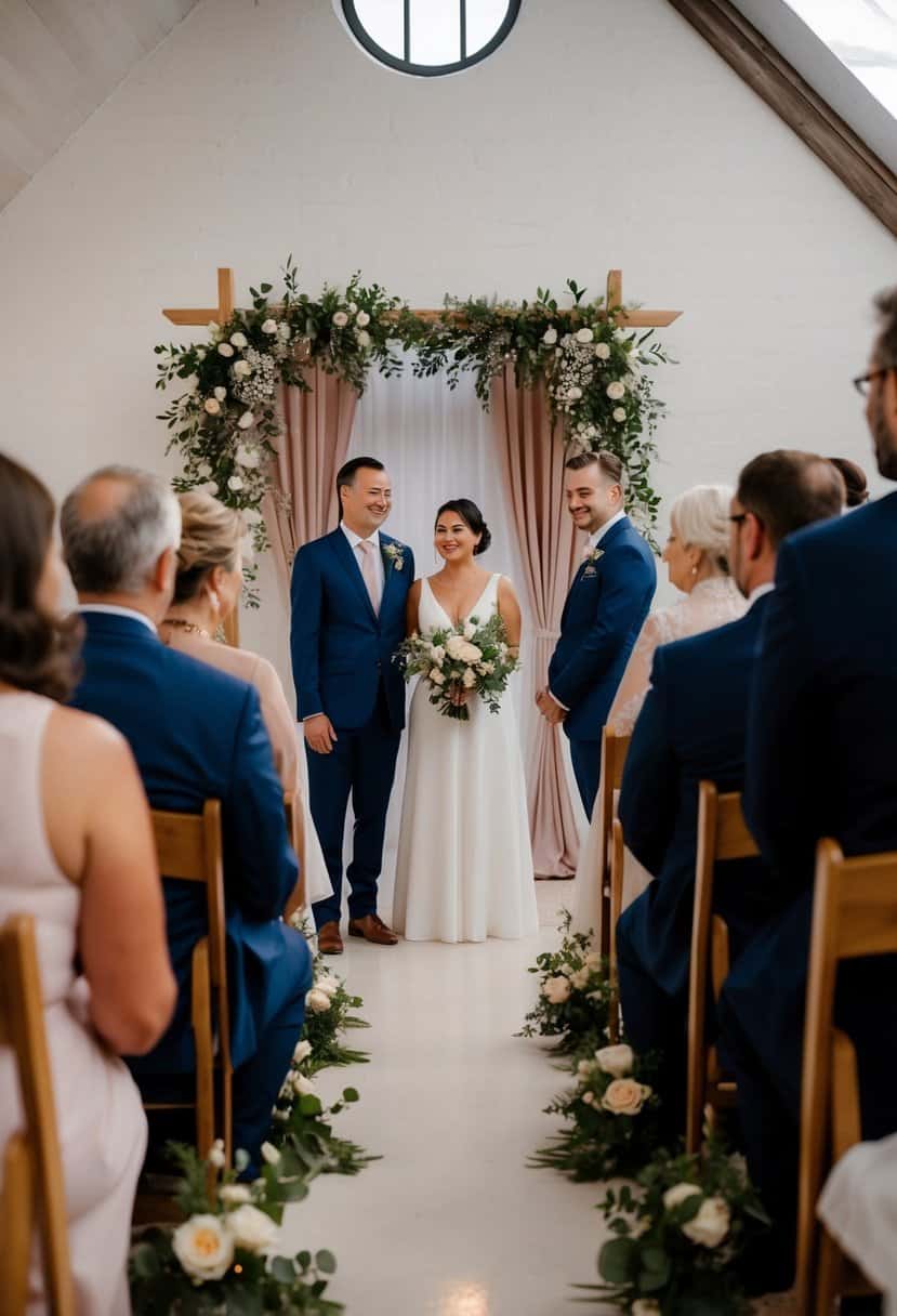 A small, intimate ceremony with minimal guests, simple decor, and a cozy setting