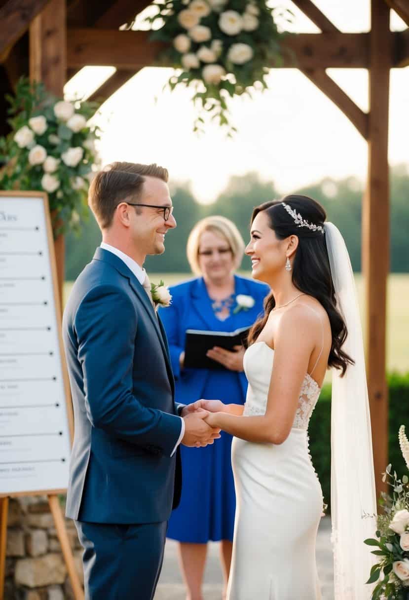 A couple exchanging vows at an outdoor wedding venue. A timeline of events displayed nearby