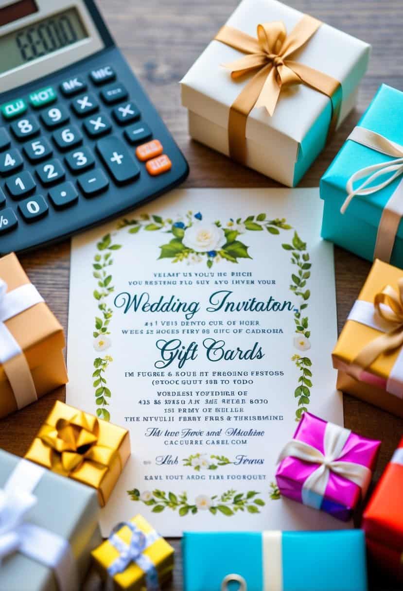 A wedding invitation surrounded by a variety of gift options, including cash, gift cards, and wrapped presents, with a budget calculator in the background