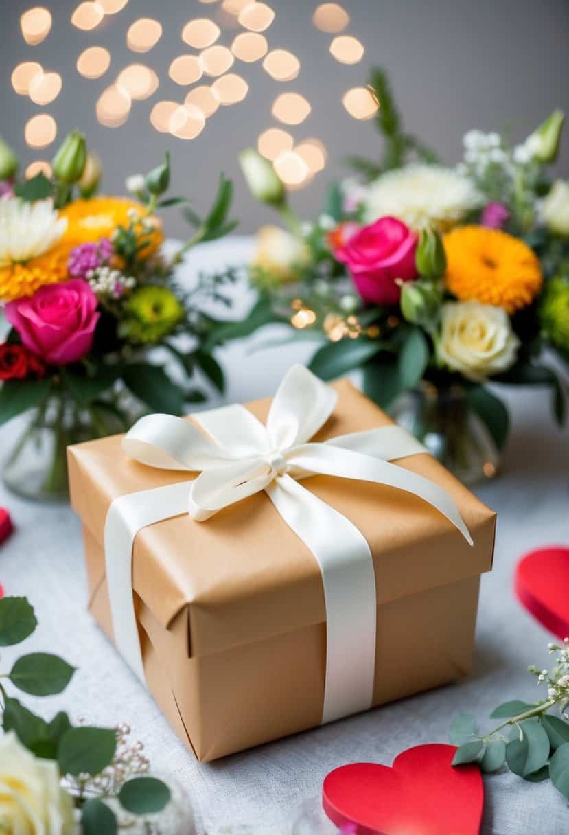 A beautifully wrapped gift box surrounded by flowers and wedding decorations