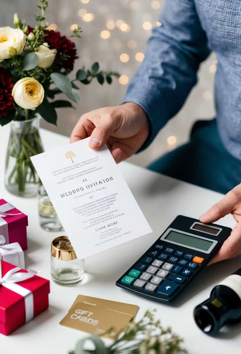 A person holding a wedding invitation and a calculator, surrounded by various gift options such as flowers, wine, and gift cards