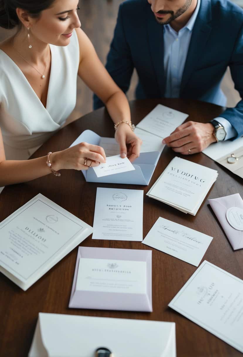 A couple sitting at a table, surrounded by wedding invitations, budgeting and discussing expenses