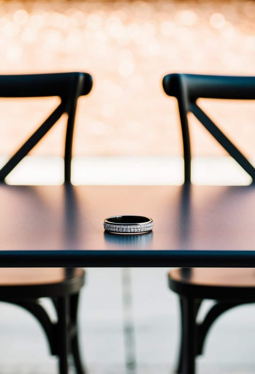 A simple wedding band placed on a table, with two empty chairs facing each other