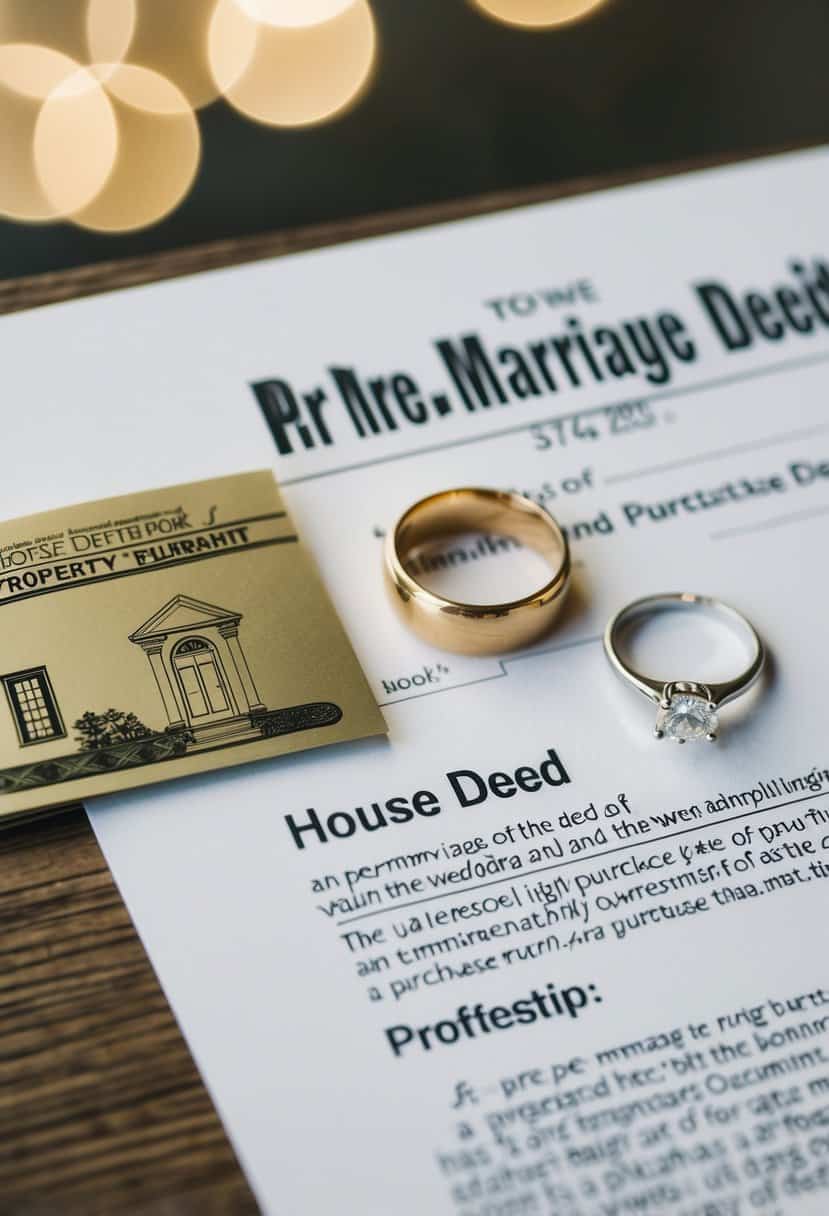 A house deed with a pre-marriage purchase date, a wedding ring, and a legal document indicating property ownership