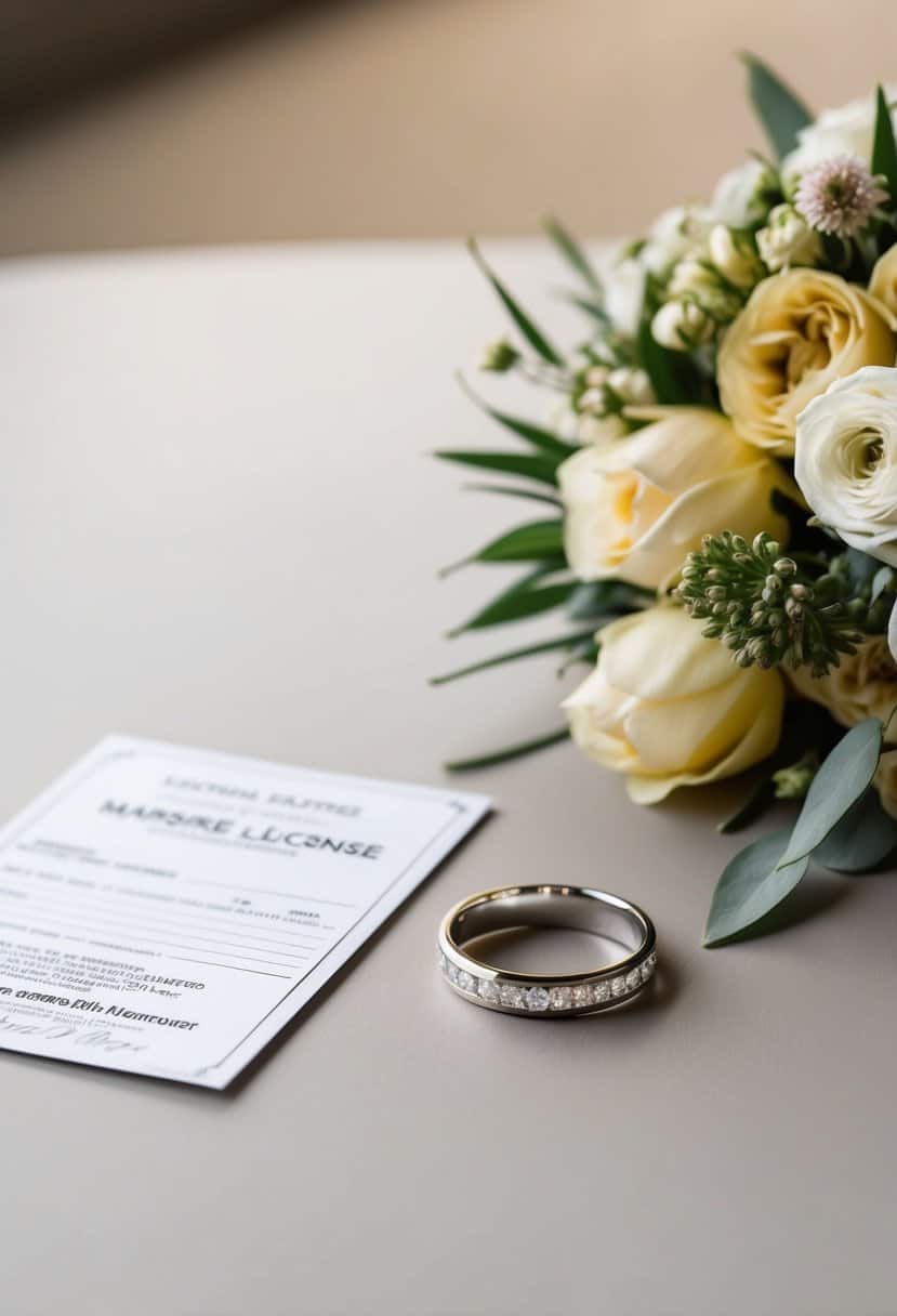 A simple wedding band placed on a table beside a marriage license and a bouquet of flowers