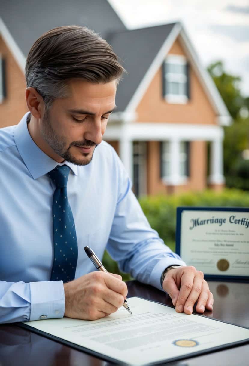 A man signing a legal document with a house and a marriage certificate in the background