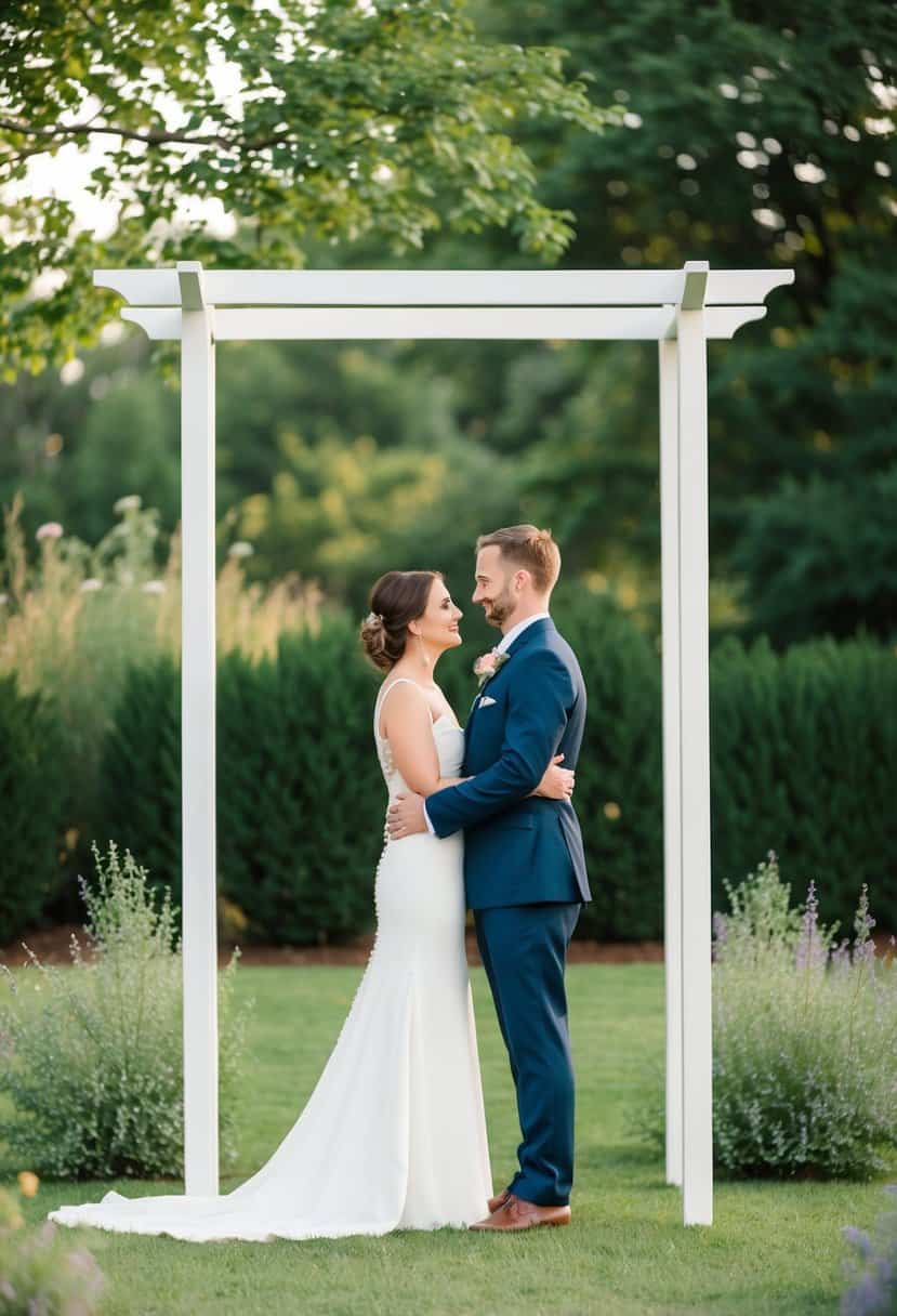 A couple standing under a simple wedding arch in a peaceful garden setting