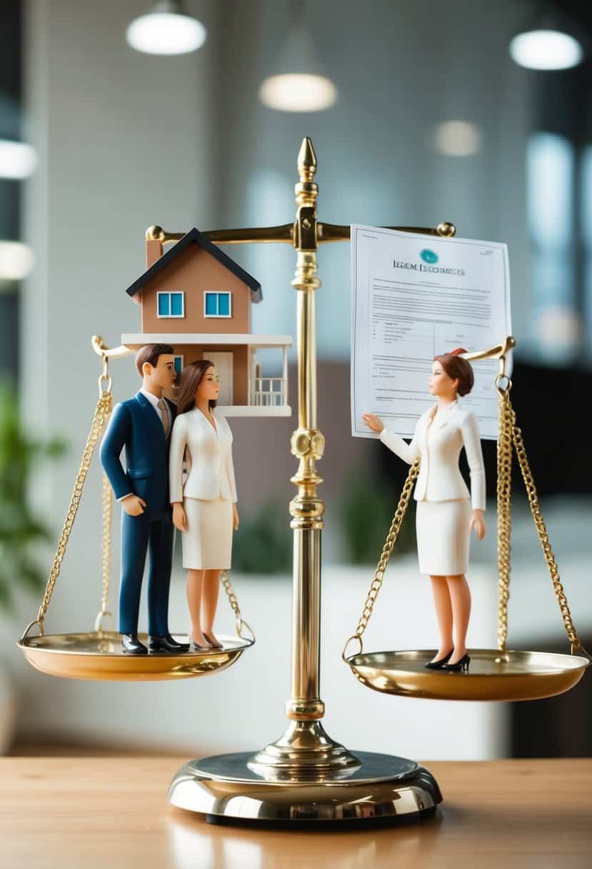 A couple stands on opposite sides of a scale, with the house on one side and various legal documents on the other