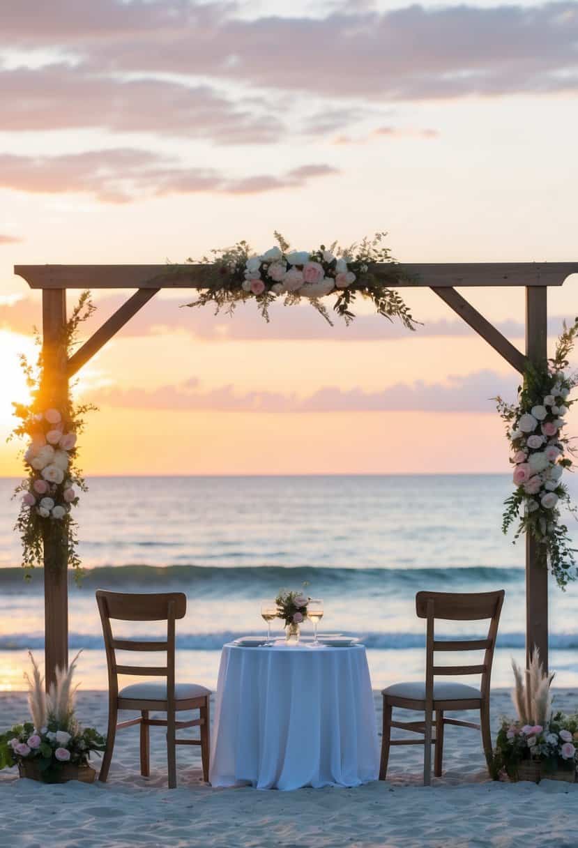 A serene beach at sunset, with a simple wooden arch adorned with flowers. Two chairs facing the ocean, a small table set for a romantic dinner