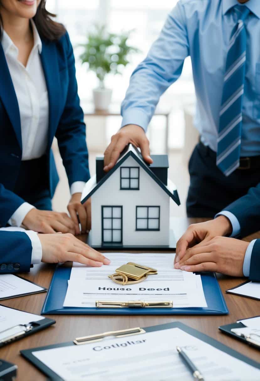 A couple's house deed and legal documents on a table, surrounded by two lawyers and a mediator in a professional office setting