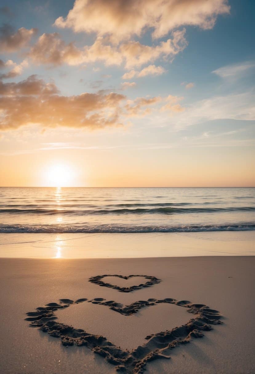 A serene beach at sunset with two sets of footprints leading towards the ocean, surrounded by a heart drawn in the sand