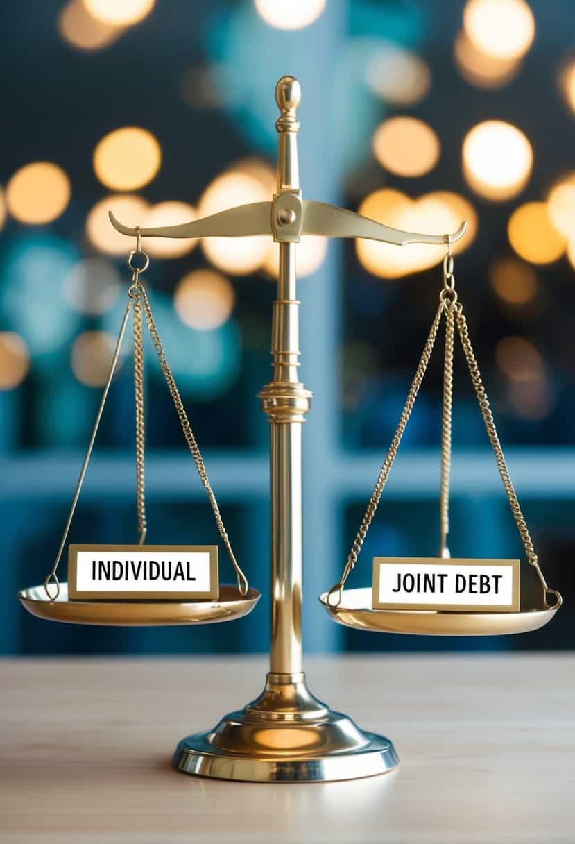 A scale with two sides, one labeled "individual debt" and the other "joint debt," tipping towards the joint debt side