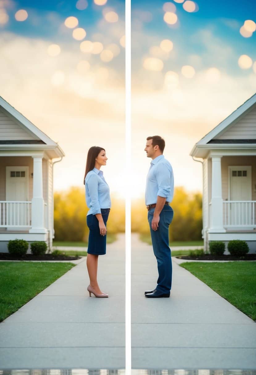 A couple standing on opposite sides of a house, with a dividing line running through the middle, symbolizing a property dispute in divorce