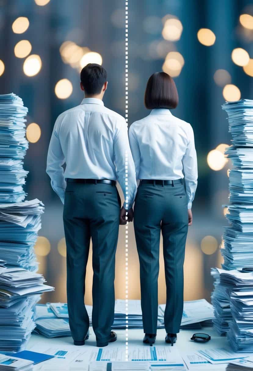 A couple stands back to back, surrounded by stacks of bills and financial documents. A dotted line separates their assets and debts