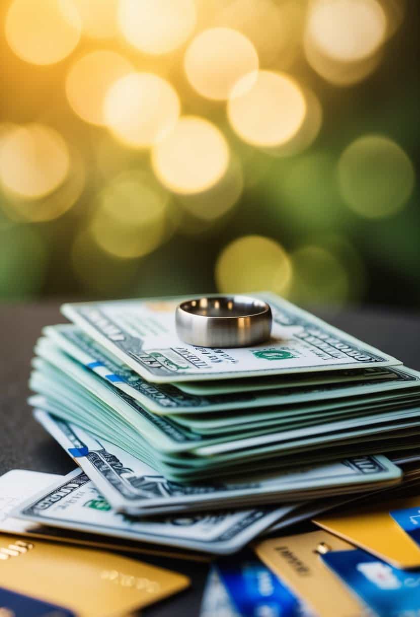 A pile of bills and credit cards on a table, with a wedding ring placed on top