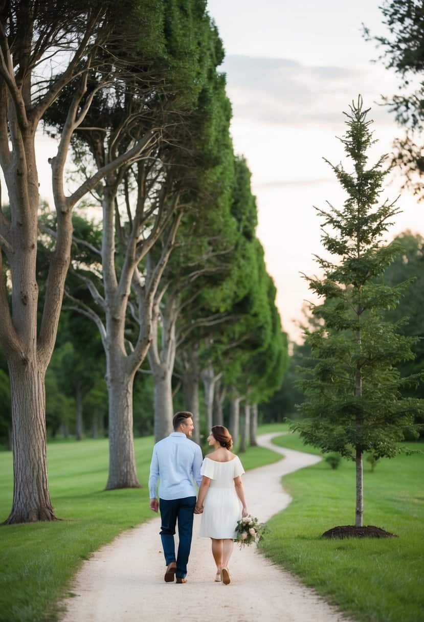 A serene couple walking along a winding path, surrounded by trees in various stages of growth, symbolizing the impact of age difference on long-term compatibility