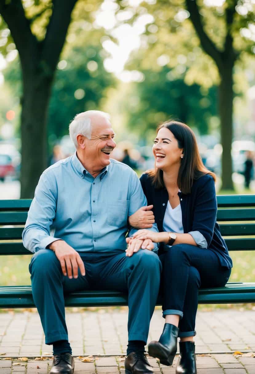 A couple sitting on a park bench, the man slightly older, the woman slightly younger, laughing and enjoying each other's company