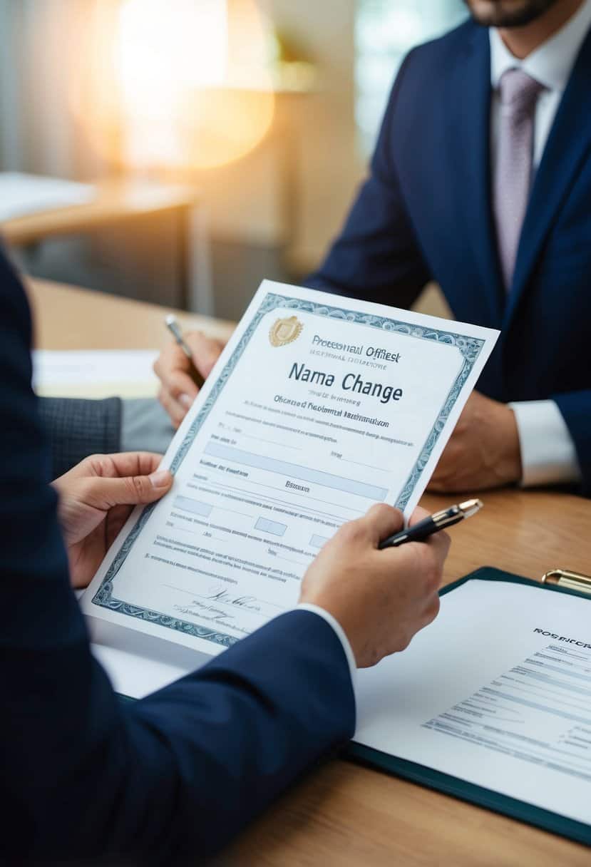 A person holding a marriage certificate while filling out a name change form at a government office