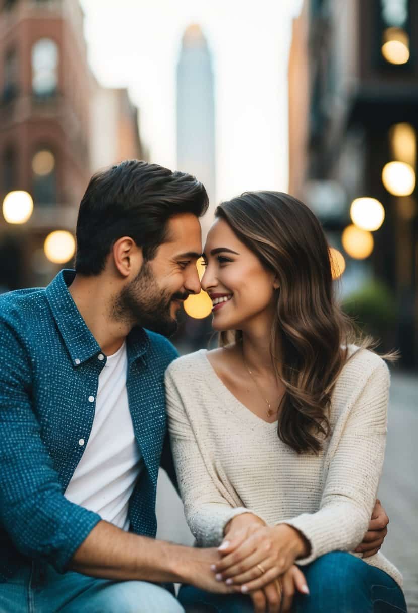 A couple sitting closely together, engaged in deep conversation, with a warm and intimate atmosphere