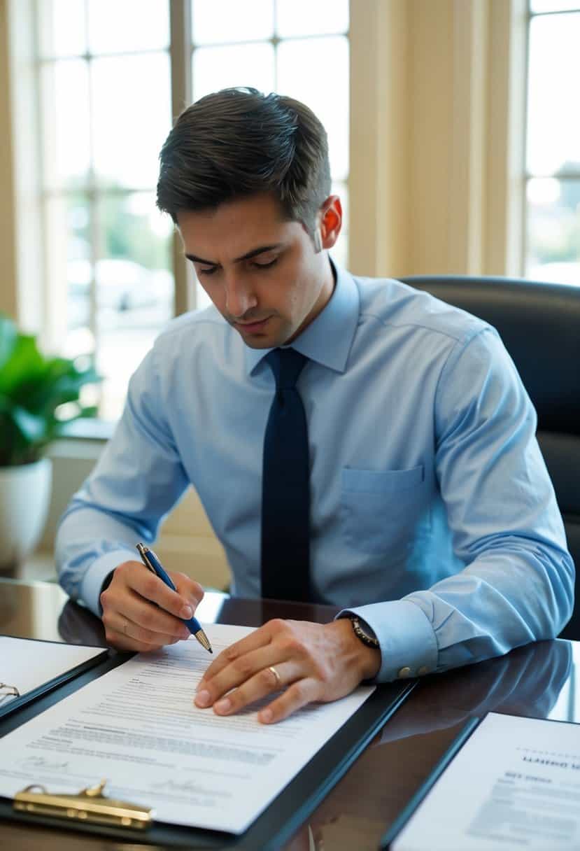 A person filling out paperwork at a government office, with a marriage certificate and official documents on the desk