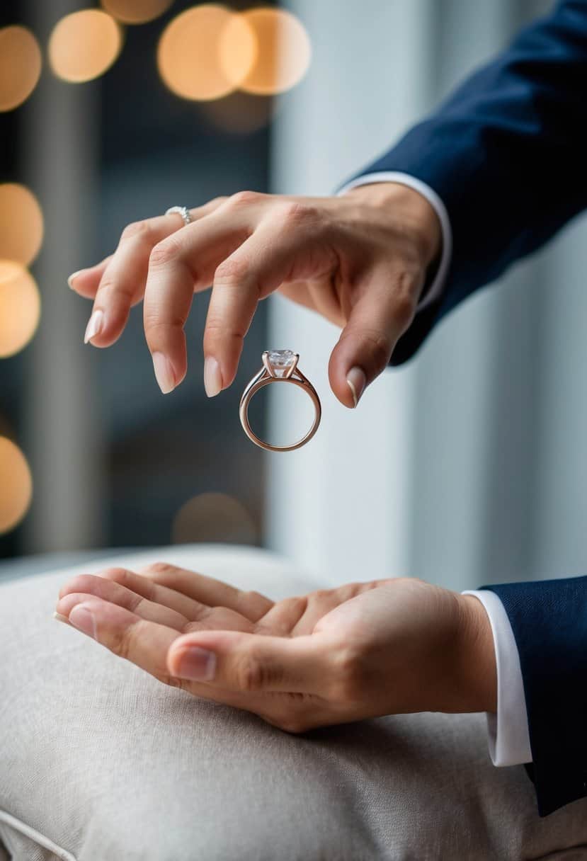 A hand holding a wedding ring hovers over a cushioned surface, with a second hand reaching out to receive it