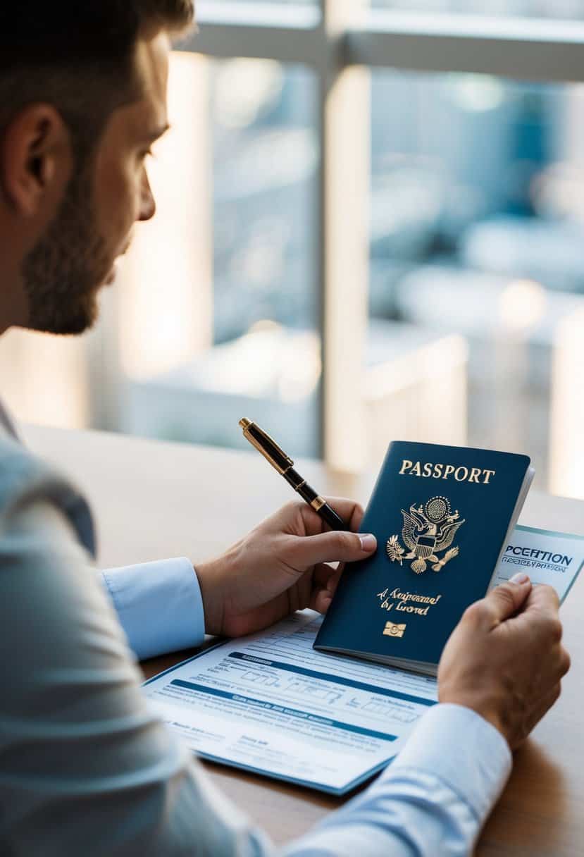 A person filling out a passport application form with a wedding certificate and considering travel plans