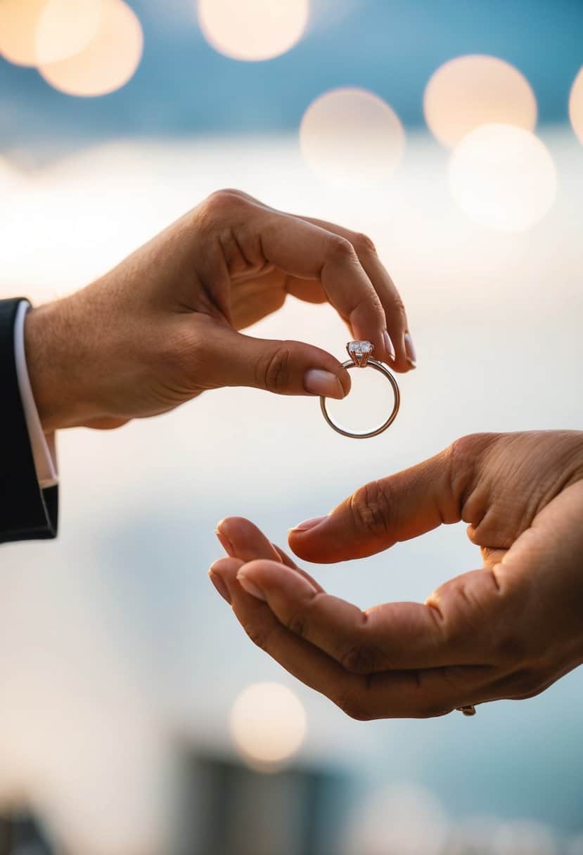 A hand holding a ring hovers over another hand, which is also holding a ring, ready to exchange them