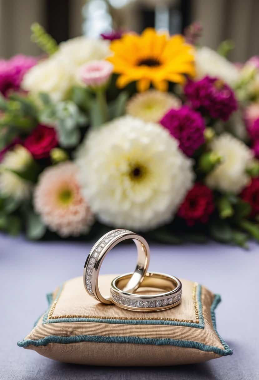 A pair of intertwined rings resting on a decorative cushion, set against a backdrop of vibrant flowers and elegant wedding decor