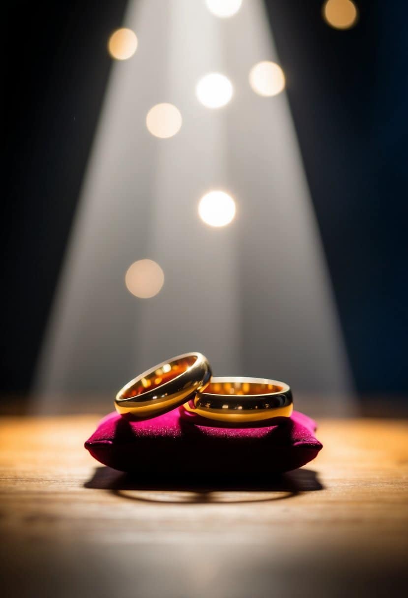 A pair of intertwined gold rings resting on a velvet cushion, illuminated by a soft beam of light