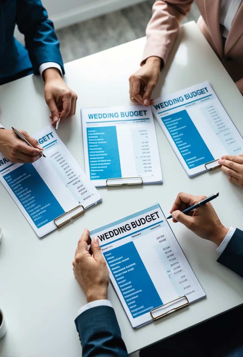 A table with two separate sets of hands holding wedding budget spreadsheets, each with different names and calculations