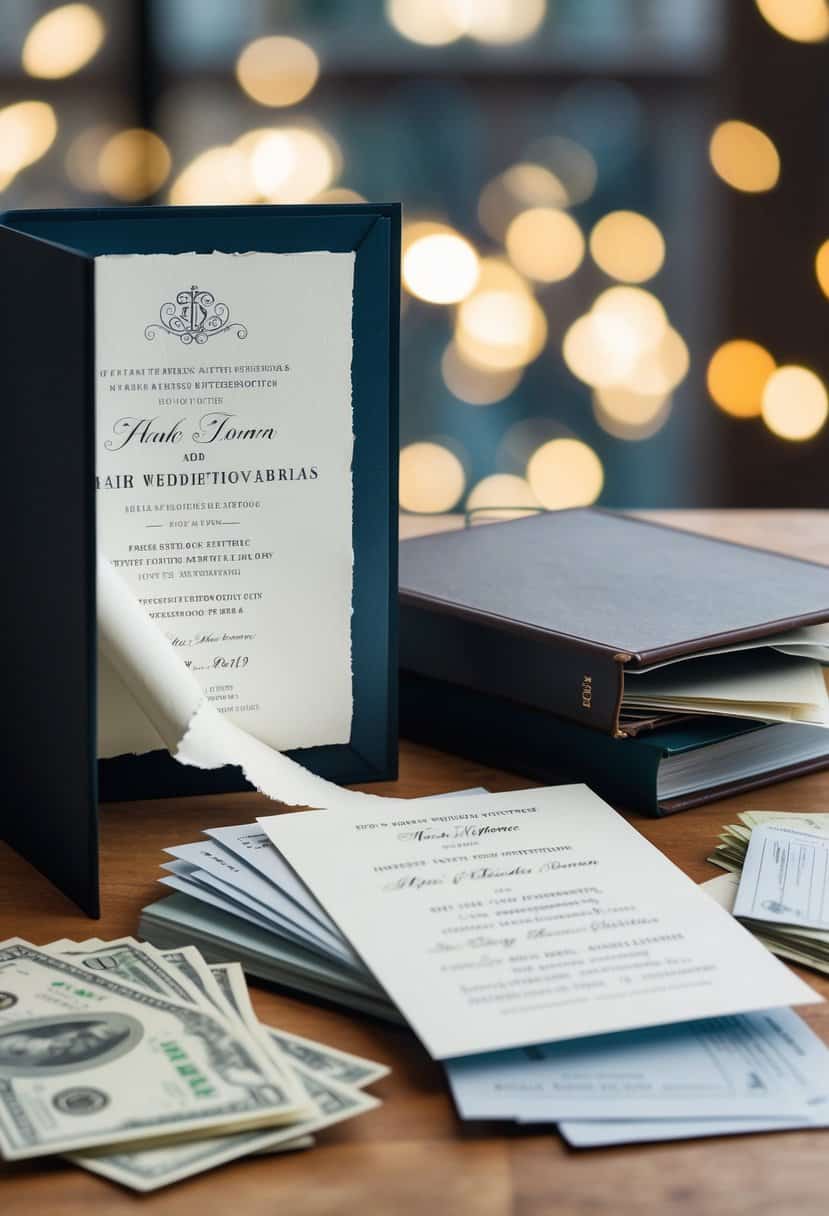 A wedding invitation torn in half, with one side falling into a pile of unpaid bills and the other side tucked into a photo album