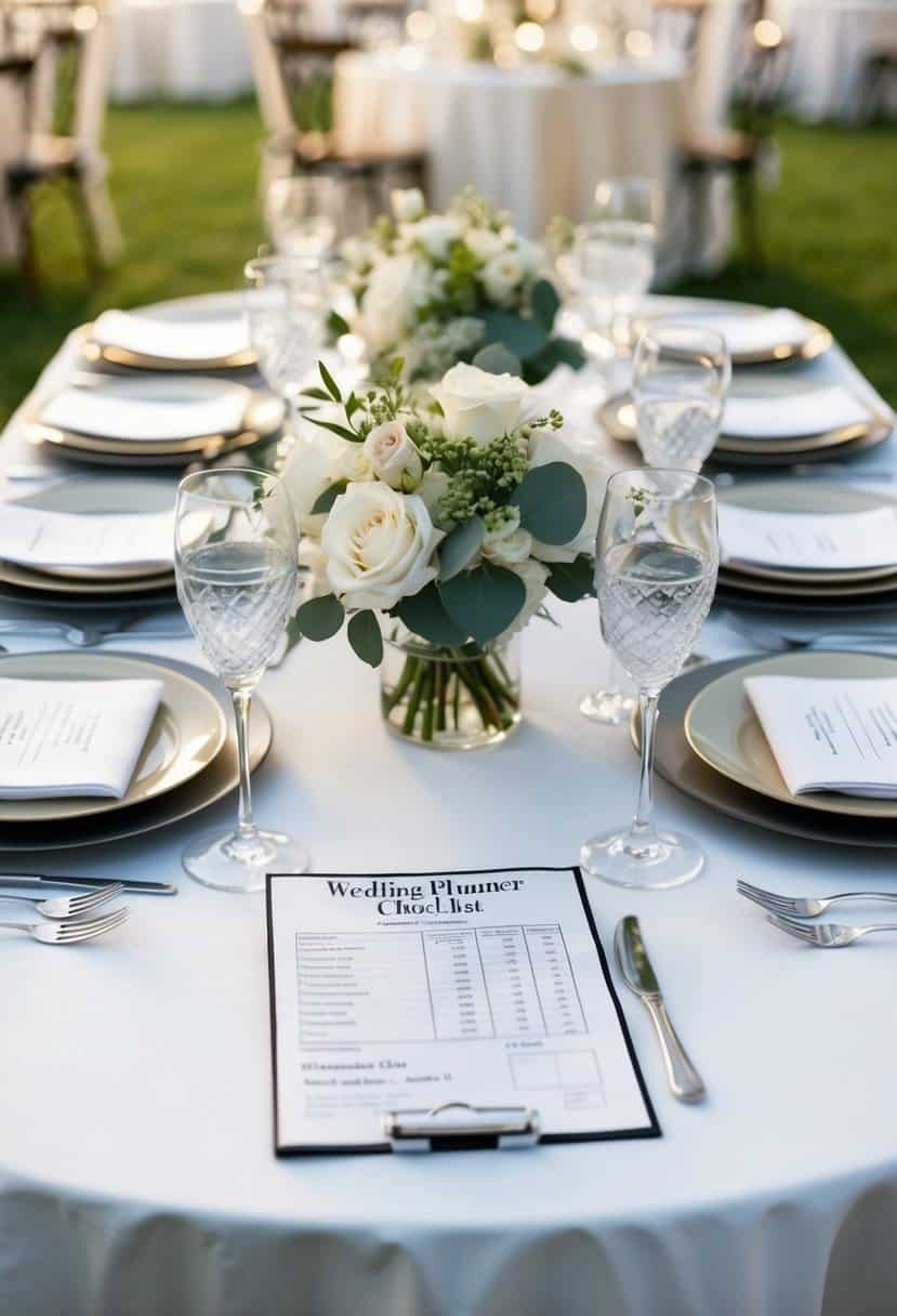 A table set with two separate place settings, one elegant and one simple, with a wedding planner's checklist and a divided bill