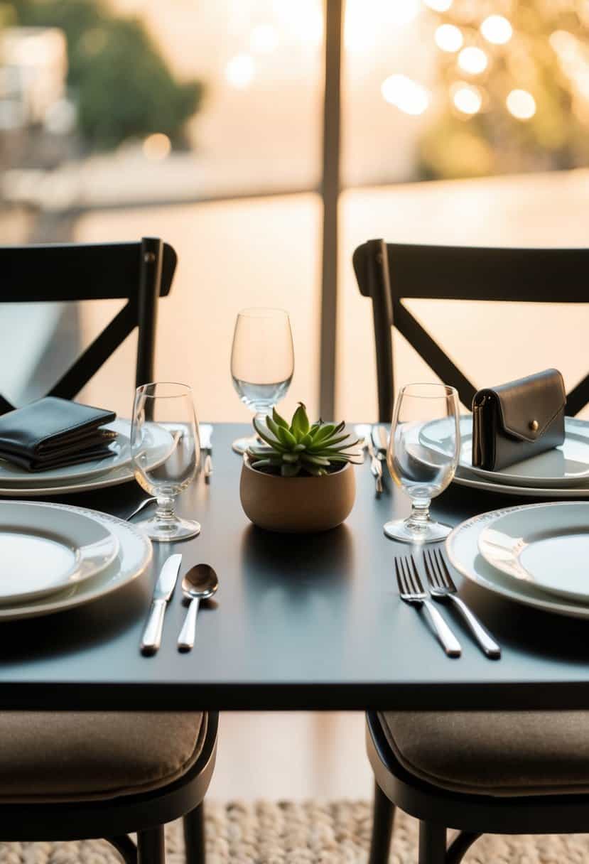 A table set with two place settings, one on each side, with an empty chair in between. On one side, a wallet and on the other, a purse