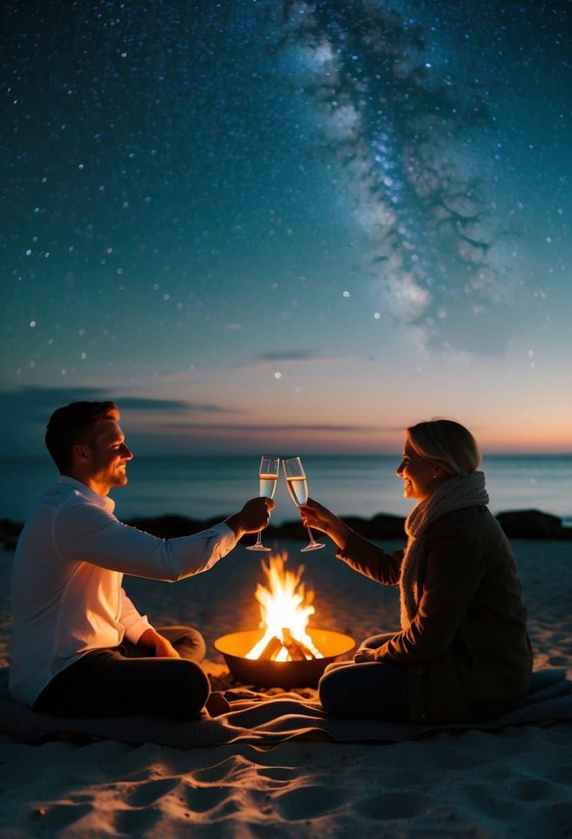 A couple sitting under a starry sky, toasting with champagne by a glowing campfire on a serene beach