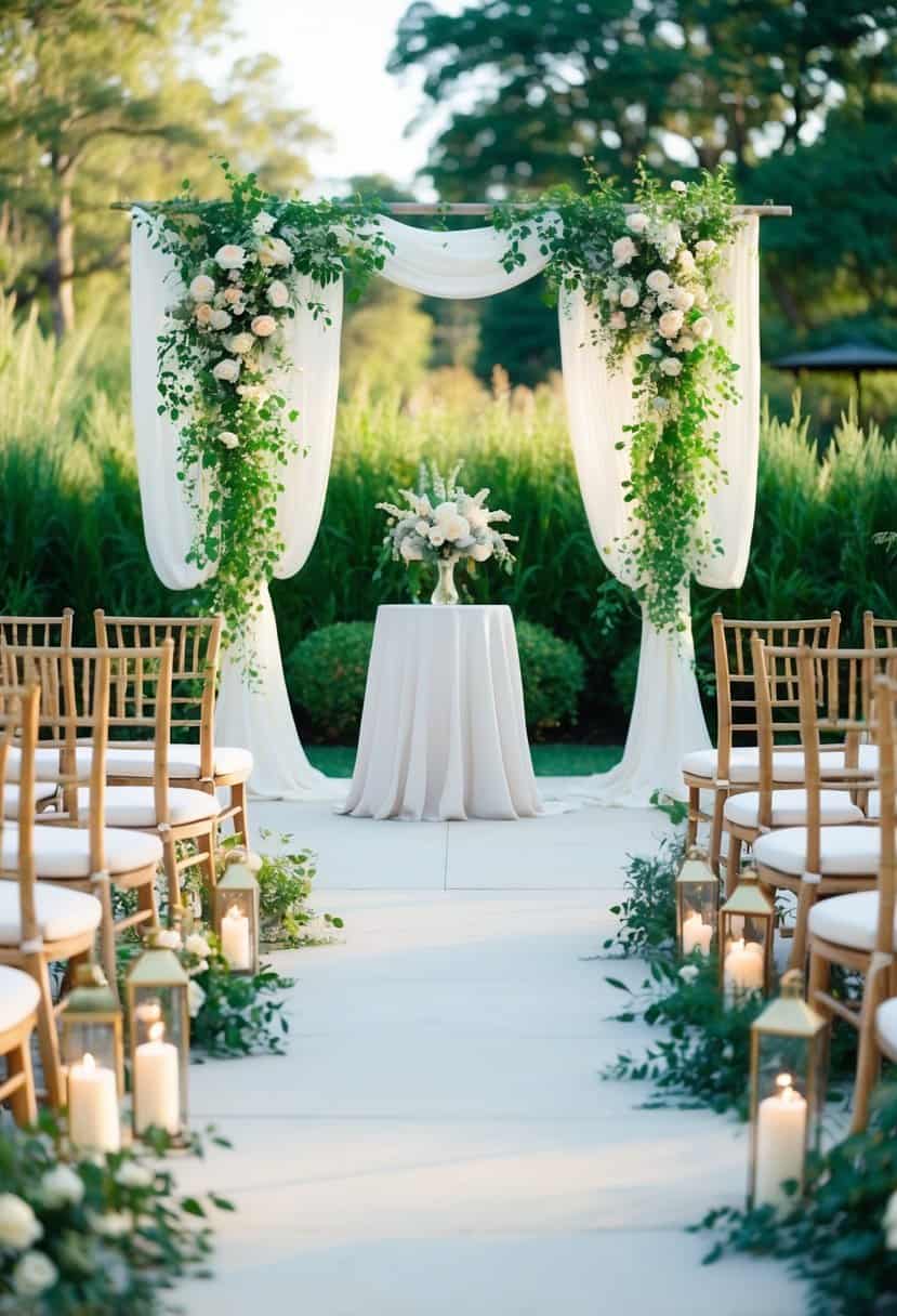 A serene outdoor garden ceremony with soft lighting and elegant decor, reflecting a sense of intimacy and renewal for a second wedding