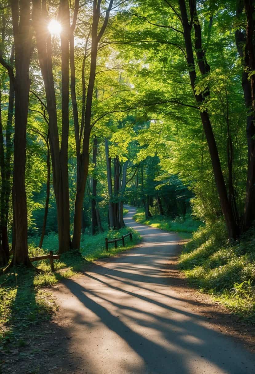 A winding path through a forest, with sunlight filtering through the trees and casting dappled shadows on the ground